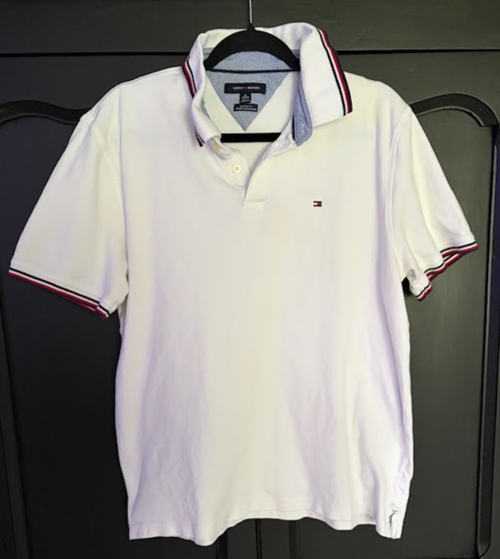 White Tommy Hilfiger Polo Size XL Red White and Blue Trimmed Collar and Sleeves